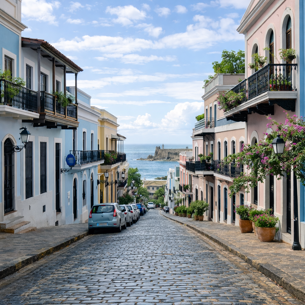 Cobblestone street lined with colorful historic buildings and glowing street lamps at sunset.
