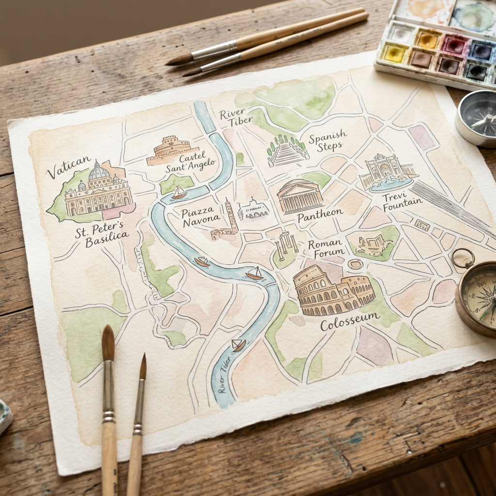 Watercolor map of Rome showing St. Peter's Basilica, Colosseum, Pantheon, and other landmarks