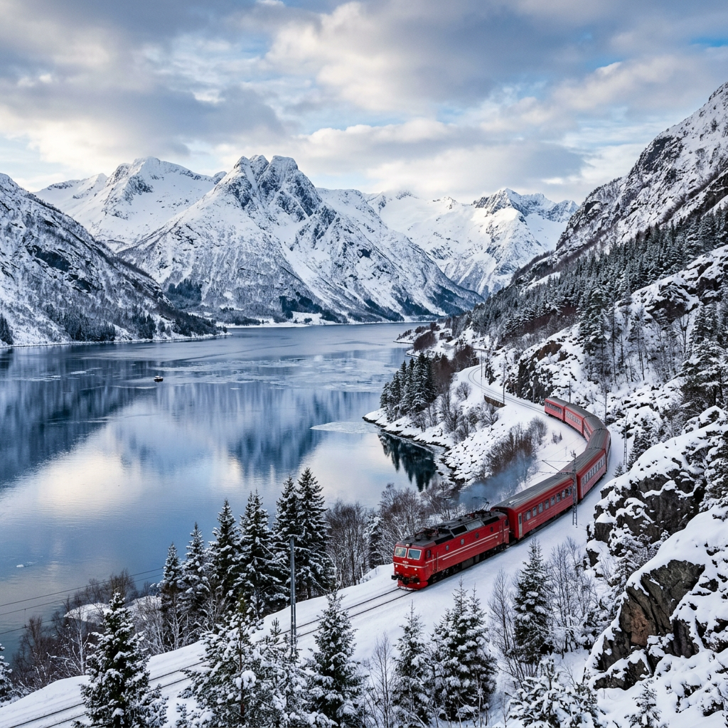 Red passenger train traveling along snowy mountains next to a reflective fjord under a cloudy sky