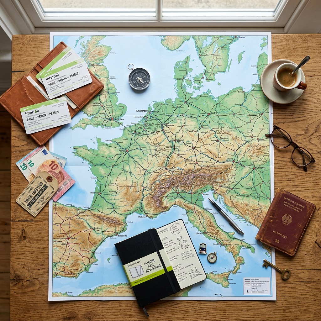 Map of Europe with train routes, tickets, compass, passport, notebook, pen, currency, glasses, coffee cup.