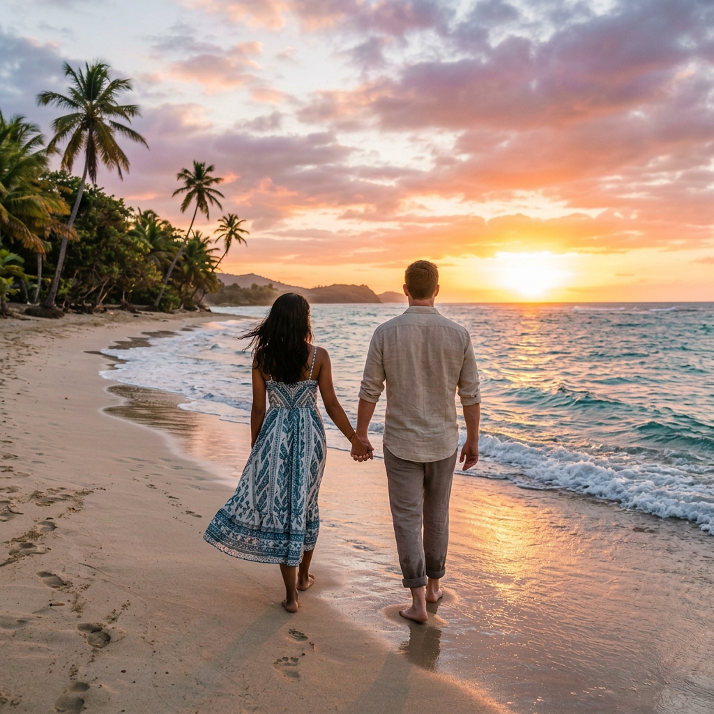 Couple walking hand in hand along a tropical beach at sunset